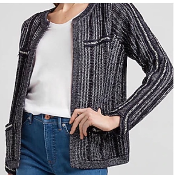 EXPRESS Metallic Trim tweed Sweater collarless blazer/Jacket Navy sizeS NWT - Picture 4 of 5